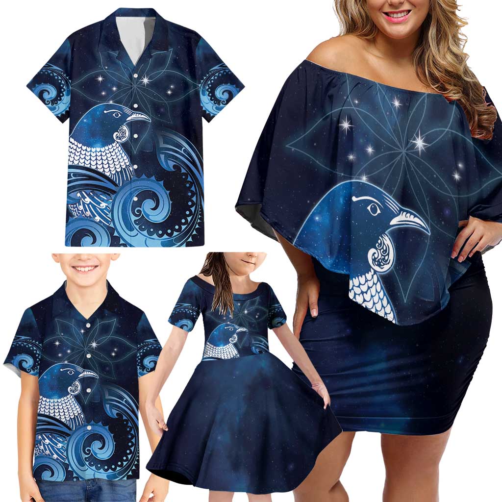 New Zealand Matariki Family Matching Off Shoulder Short Dress and Hawaiian Shirt Maori Tui Bird Blue Galaxy