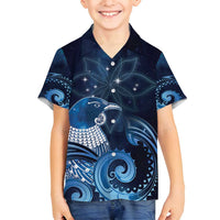 New Zealand Matariki Family Matching Off Shoulder Short Dress and Hawaiian Shirt Maori Tui Bird Blue Galaxy