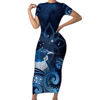 New Zealand Matariki Family Matching Short Sleeve Bodycon Dress and Hawaiian Shirt Maori Tui Bird Blue Galaxy