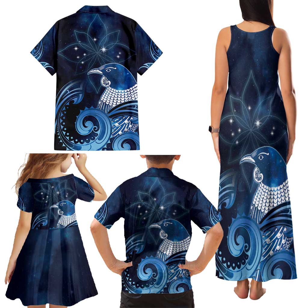 New Zealand Matariki Family Matching Tank Maxi Dress and Hawaiian Shirt Maori Tui Bird Blue Galaxy