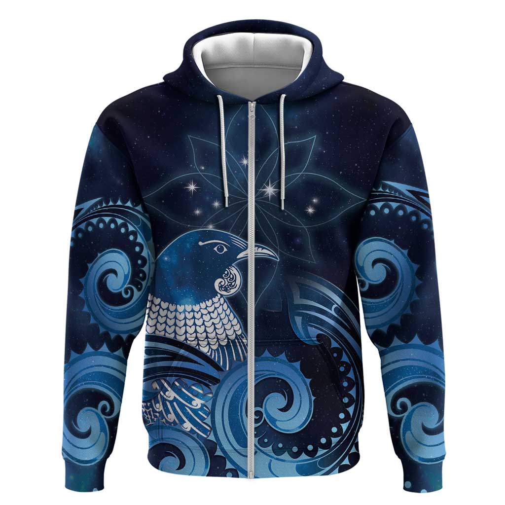 New Zealand Matariki Hoodie Maori Tui Bird Blue Galaxy