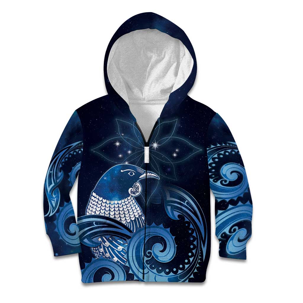 New Zealand Matariki Kid Hoodie Maori Tui Bird Blue Galaxy