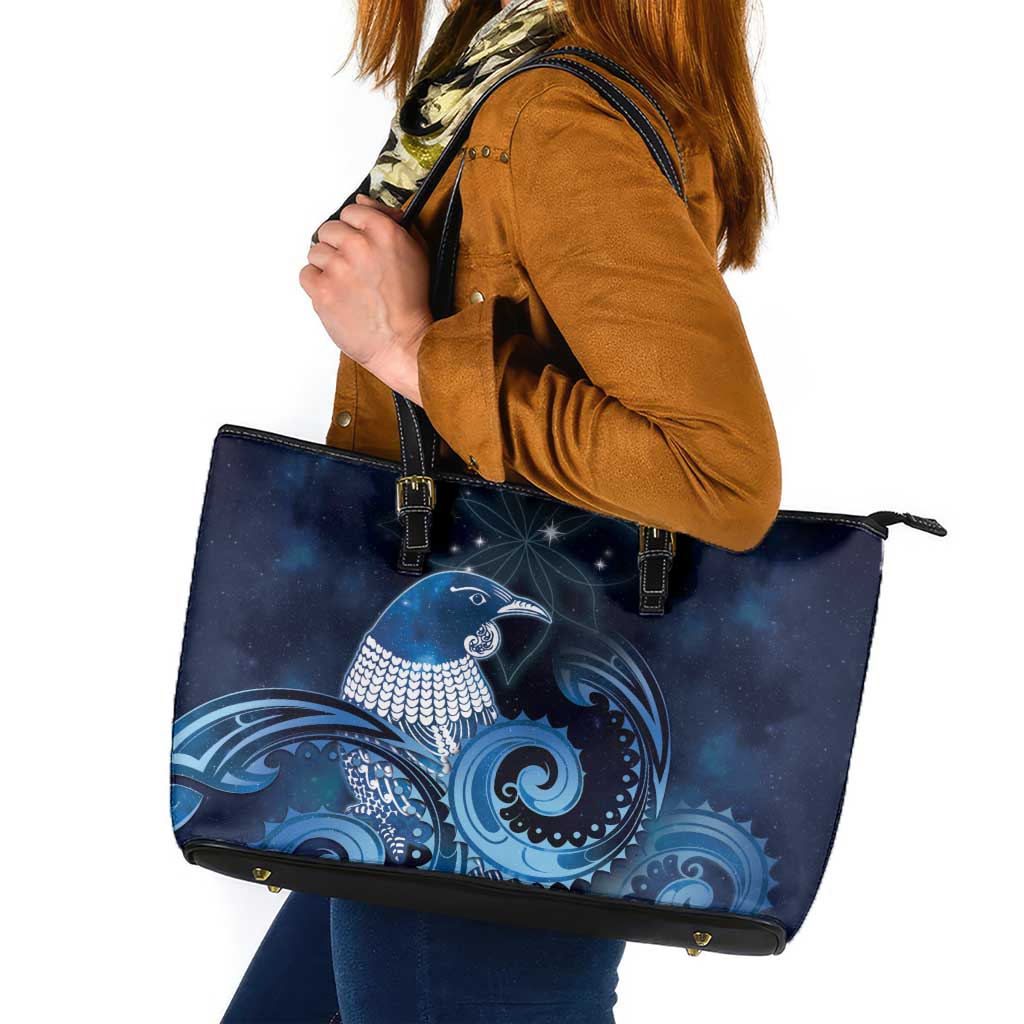 New Zealand Matariki Leather Tote Bag Maori Tui Bird Blue Galaxy