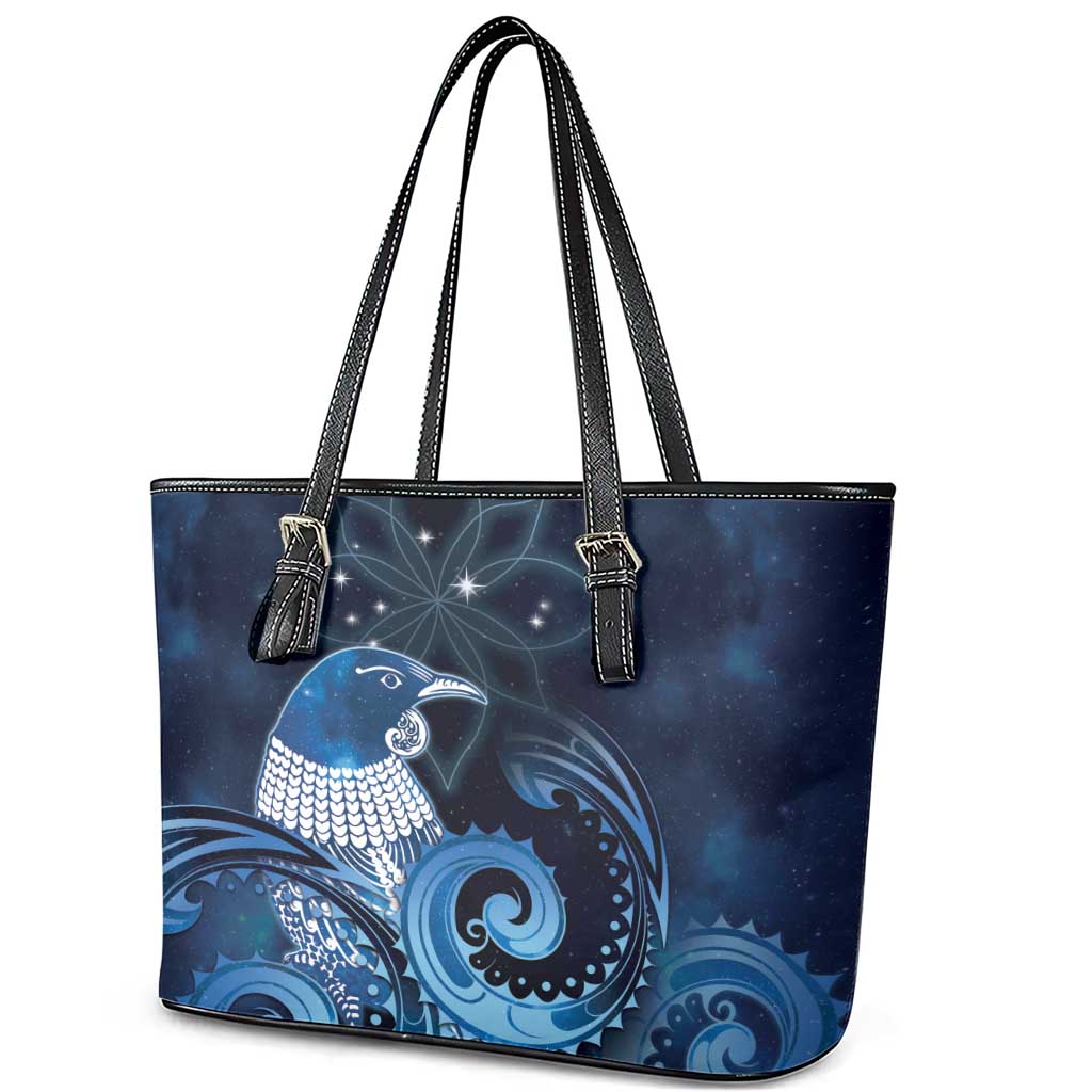 New Zealand Matariki Leather Tote Bag Maori Tui Bird Blue Galaxy