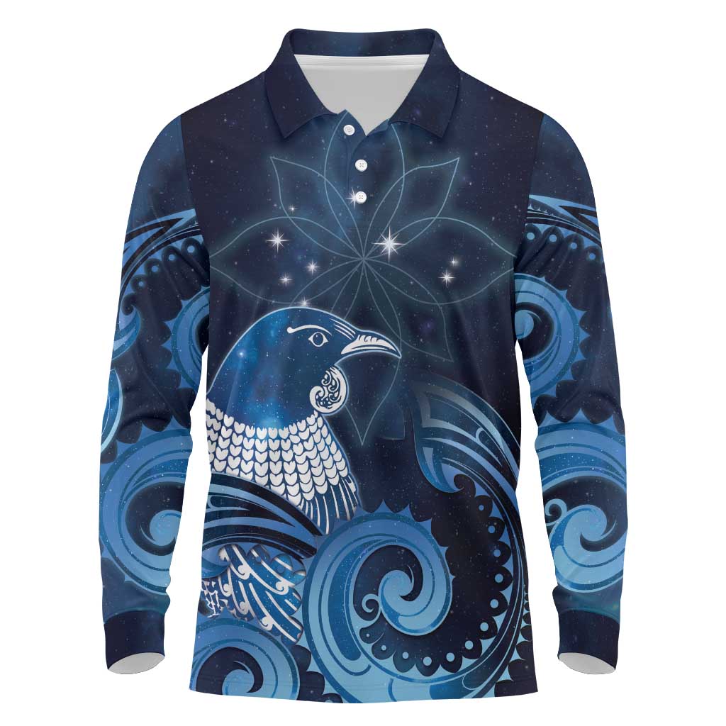 New Zealand Matariki Long Sleeve Polo Shirt Maori Tui Bird Blue Galaxy