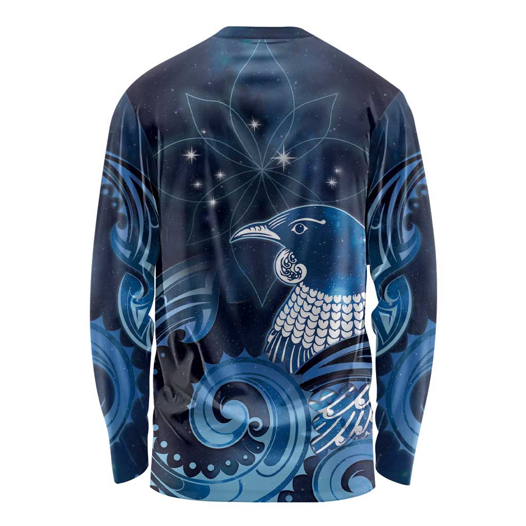 New Zealand Matariki Long Sleeve Shirt Maori Tui Bird Blue Galaxy