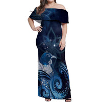 New Zealand Matariki Off Shoulder Maxi Dress Maori Tui Bird Blue Galaxy