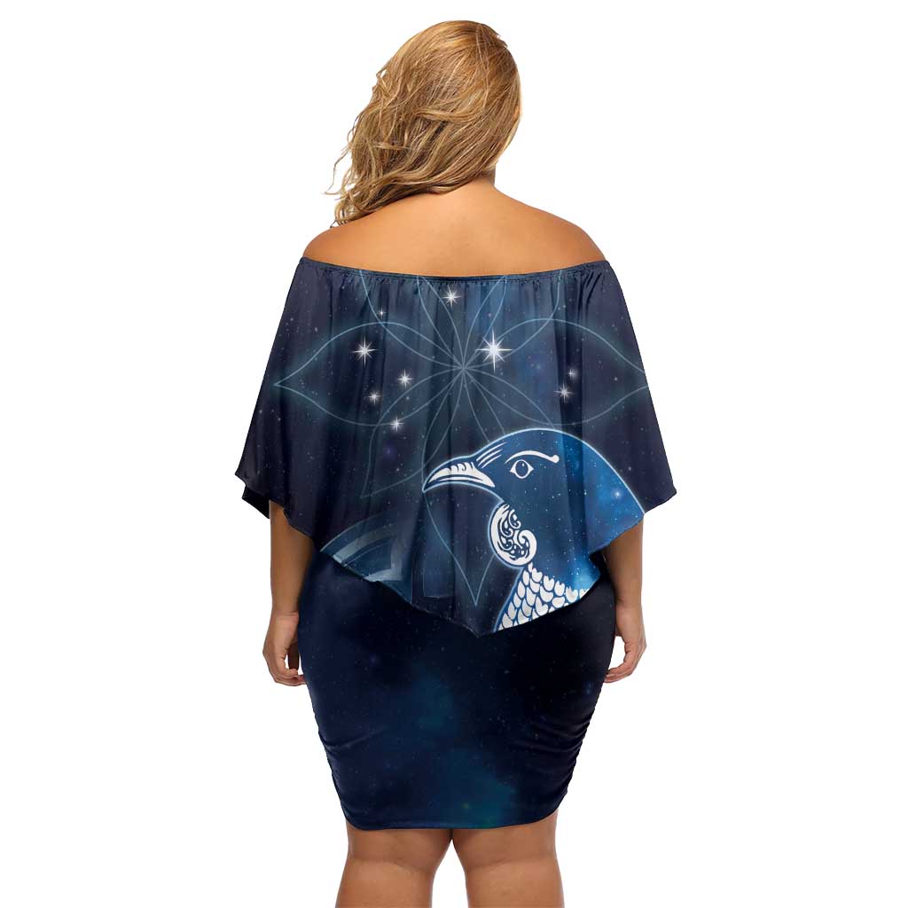 New Zealand Matariki Off Shoulder Short Dress Maori Tui Bird Blue Galaxy