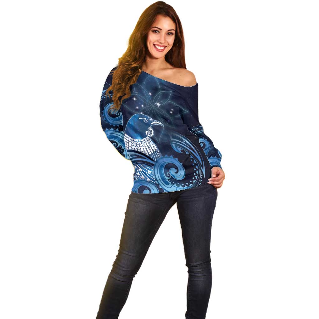 New Zealand Matariki Off Shoulder Sweater Maori Tui Bird Blue Galaxy