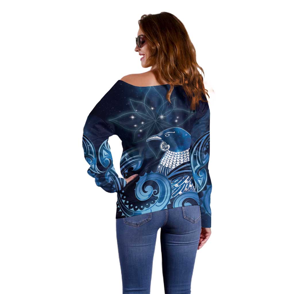 New Zealand Matariki Off Shoulder Sweater Maori Tui Bird Blue Galaxy