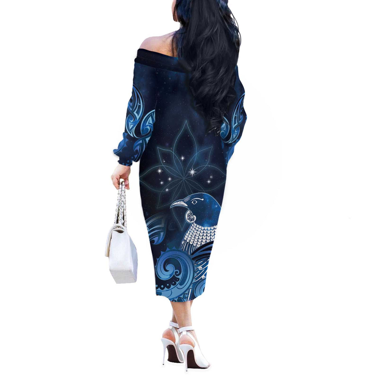 New Zealand Matariki Off The Shoulder Long Sleeve Dress Maori Tui Bird Blue Galaxy