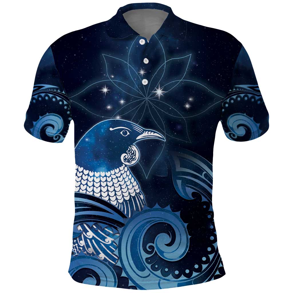 New Zealand Matariki Polo Shirt Maori Tui Bird Blue Galaxy