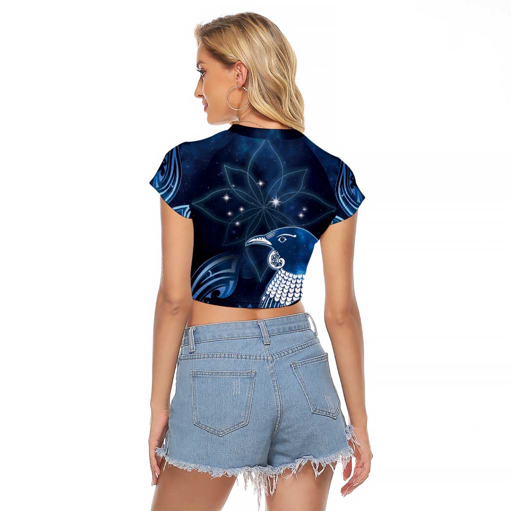 New Zealand Matariki Raglan Cropped T Shirt Maori Tui Bird Blue Galaxy