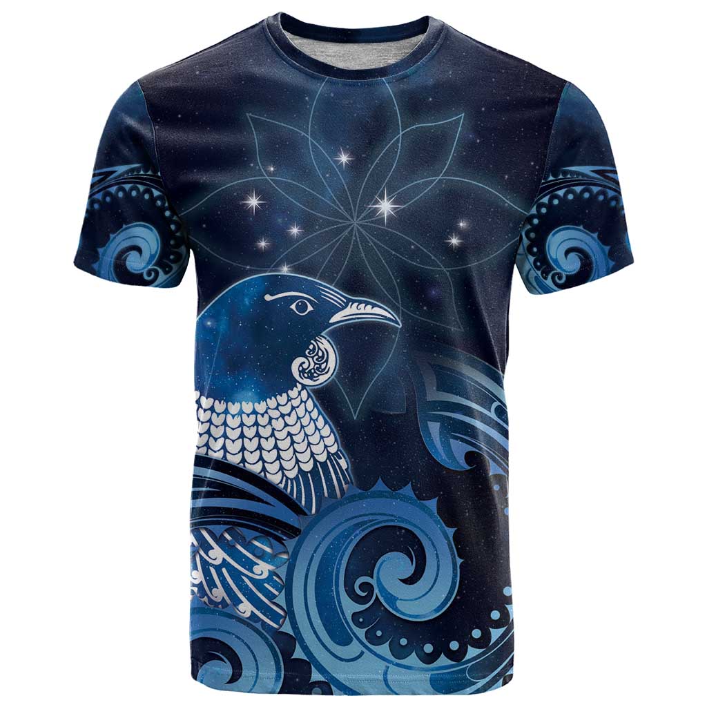 New Zealand Matariki T Shirt Maori Tui Bird Blue Galaxy
