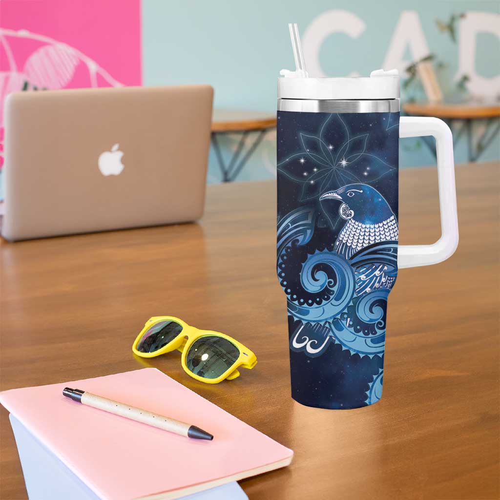 New Zealand Matariki Tumbler With Handle Maori Tui Bird Blue Galaxy