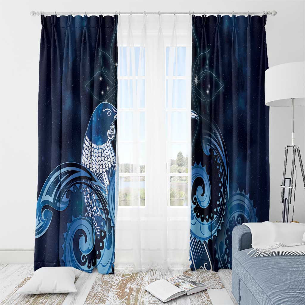New Zealand Matariki Window Curtain Maori Tui Bird Blue Galaxy