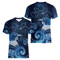 New Zealand Matariki Women V-Neck T-Shirt Maori Tui Bird Blue Galaxy