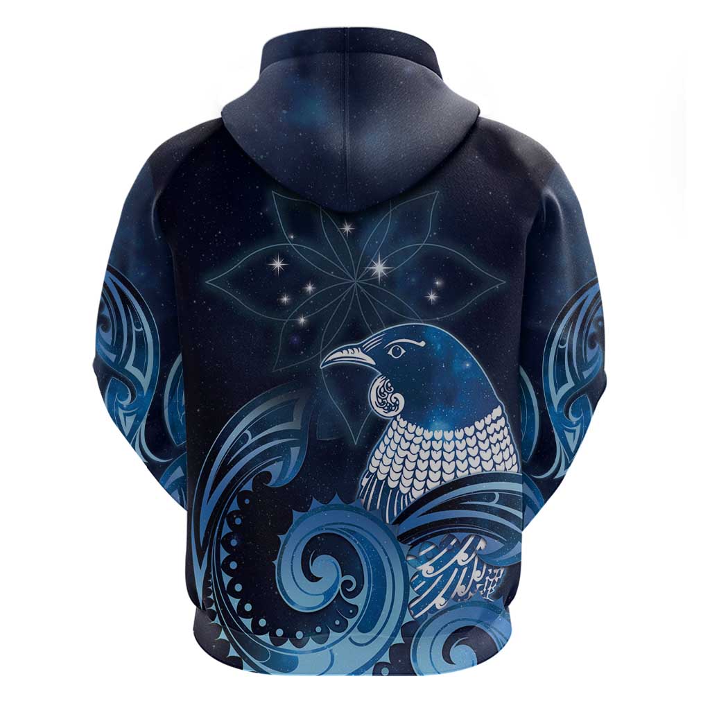 New Zealand Matariki Zip Hoodie Maori Tui Bird Blue Galaxy
