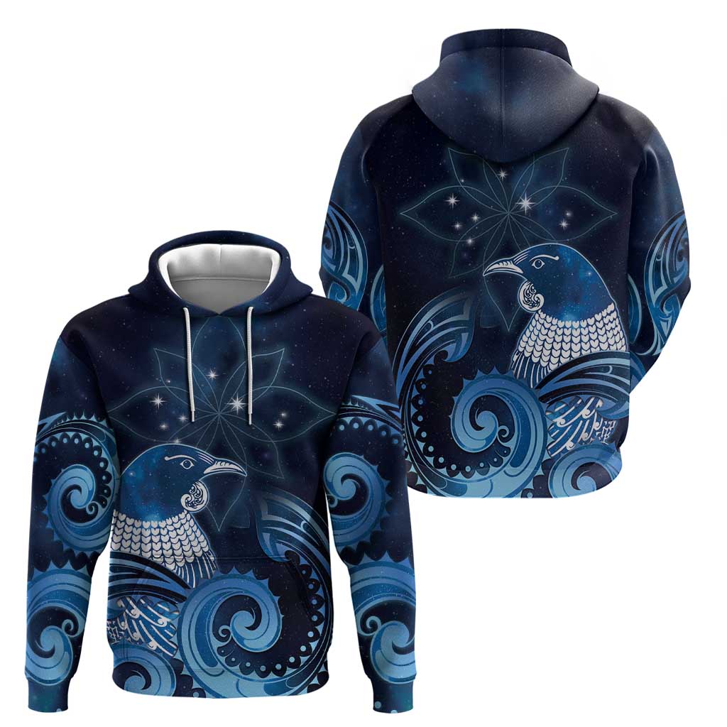 New Zealand Matariki Zip Hoodie Maori Tui Bird Blue Galaxy