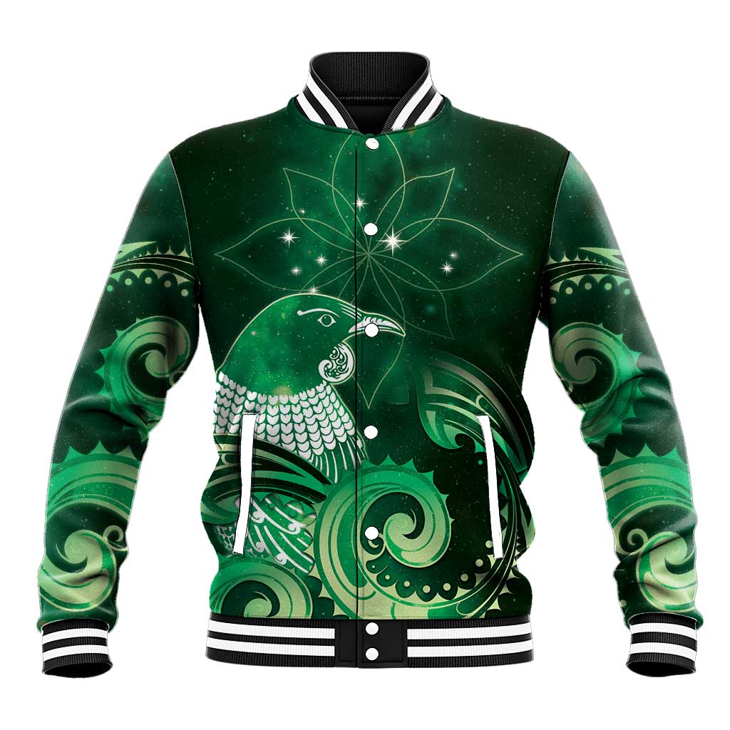 New Zealand Matariki Baseball Jacket Maori Tui Bird Green Galaxy