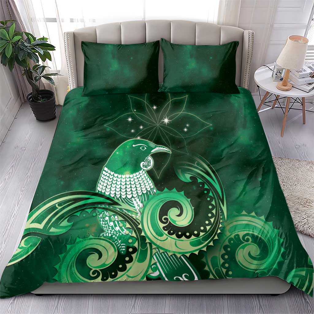 New Zealand Matariki Bedding Set Maori Tui Bird Green Galaxy