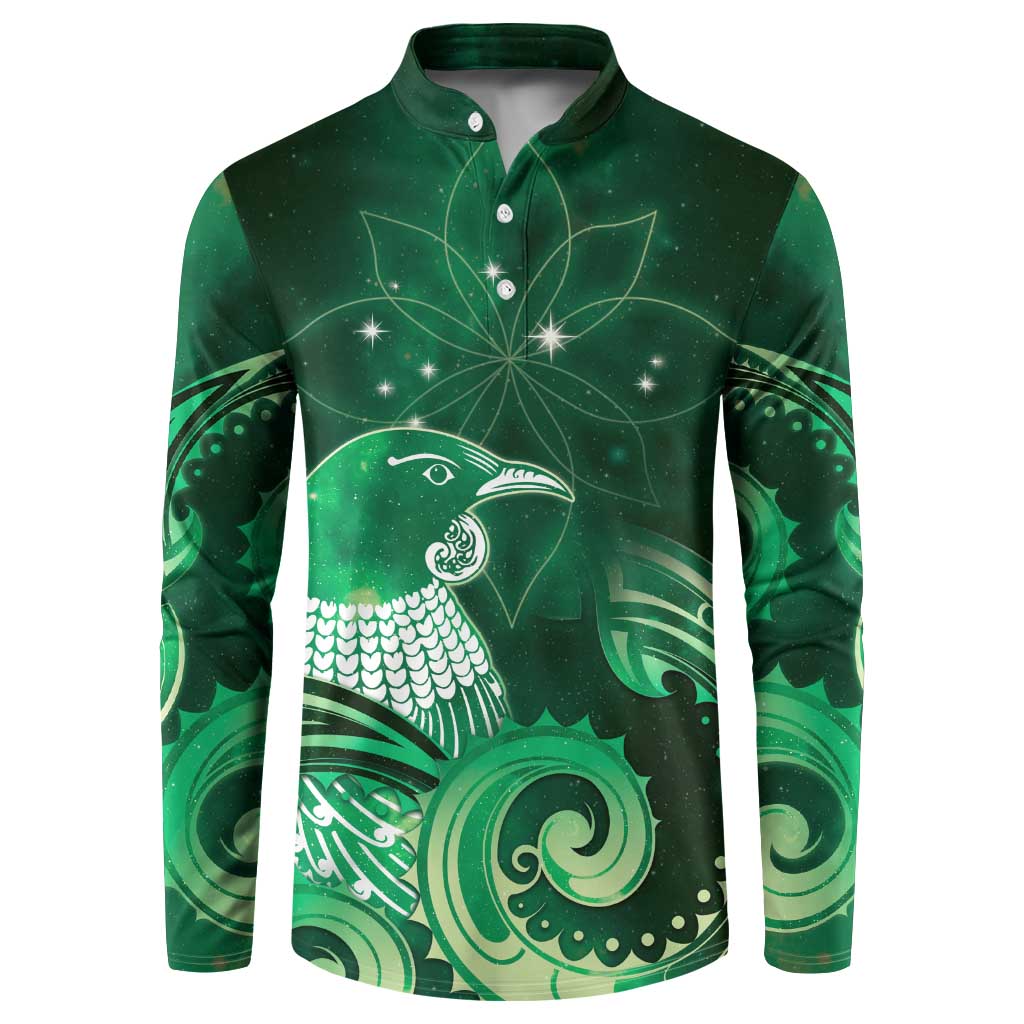 New Zealand Matariki Button Sweatshirt Maori Tui Bird Green Galaxy