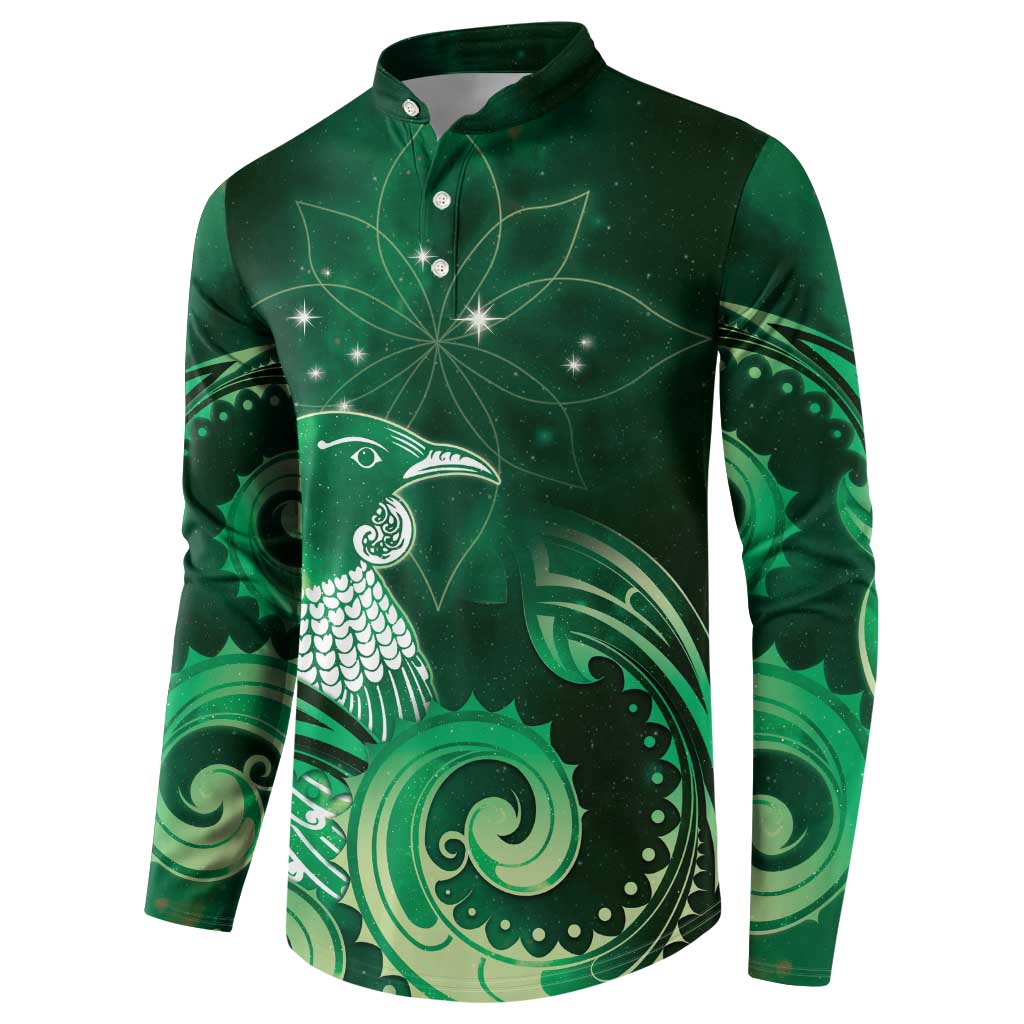 New Zealand Matariki Button Sweatshirt Maori Tui Bird Green Galaxy