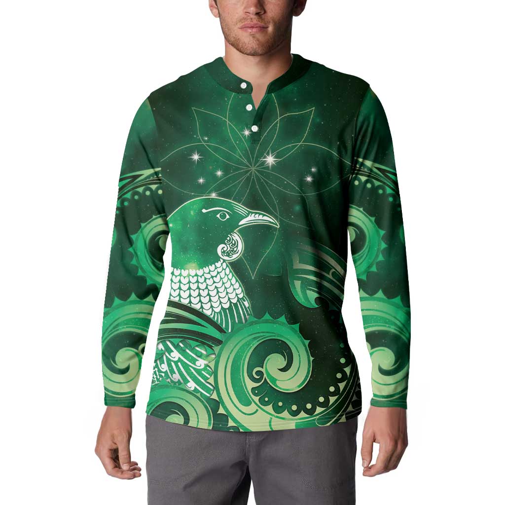New Zealand Matariki Button Sweatshirt Maori Tui Bird Green Galaxy