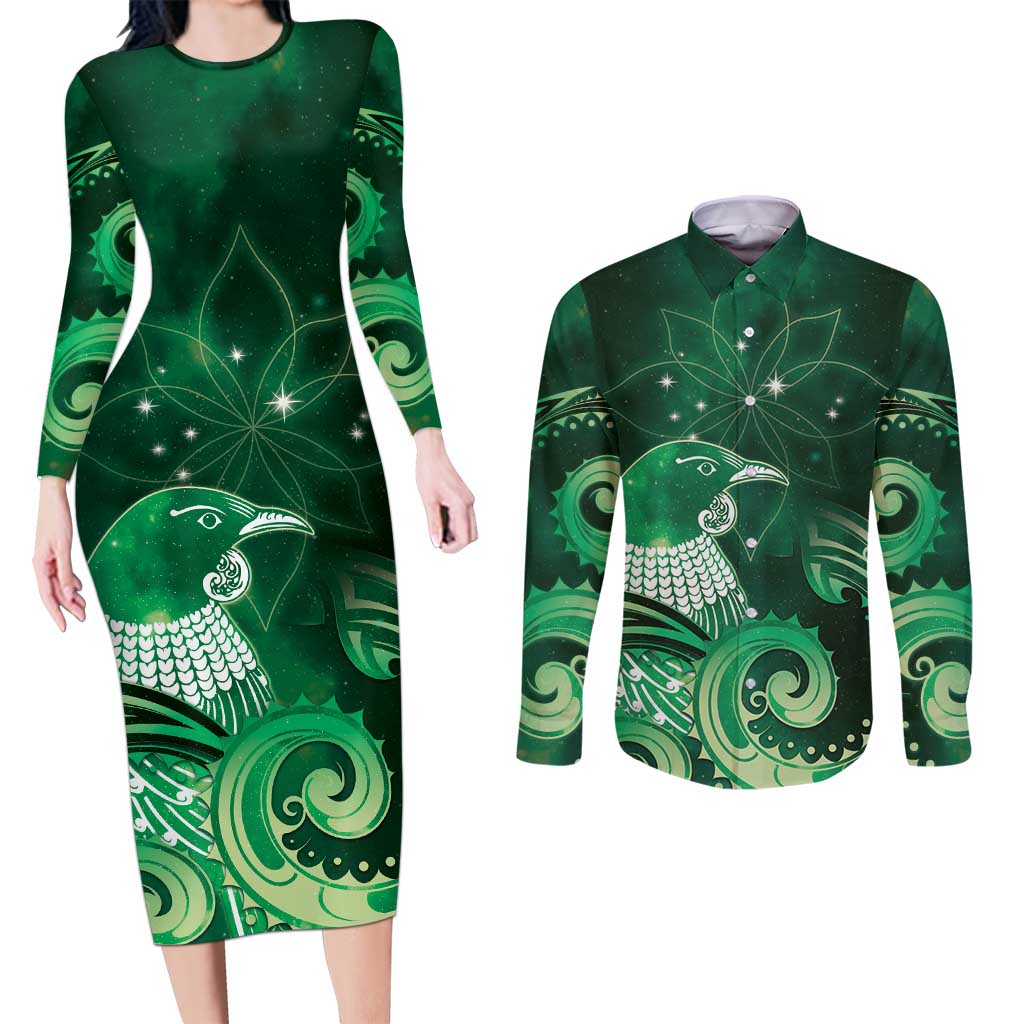 New Zealand Matariki Couples Matching Long Sleeve Bodycon Dress and Long Sleeve Button Shirt Maori Tui Bird Green Galaxy