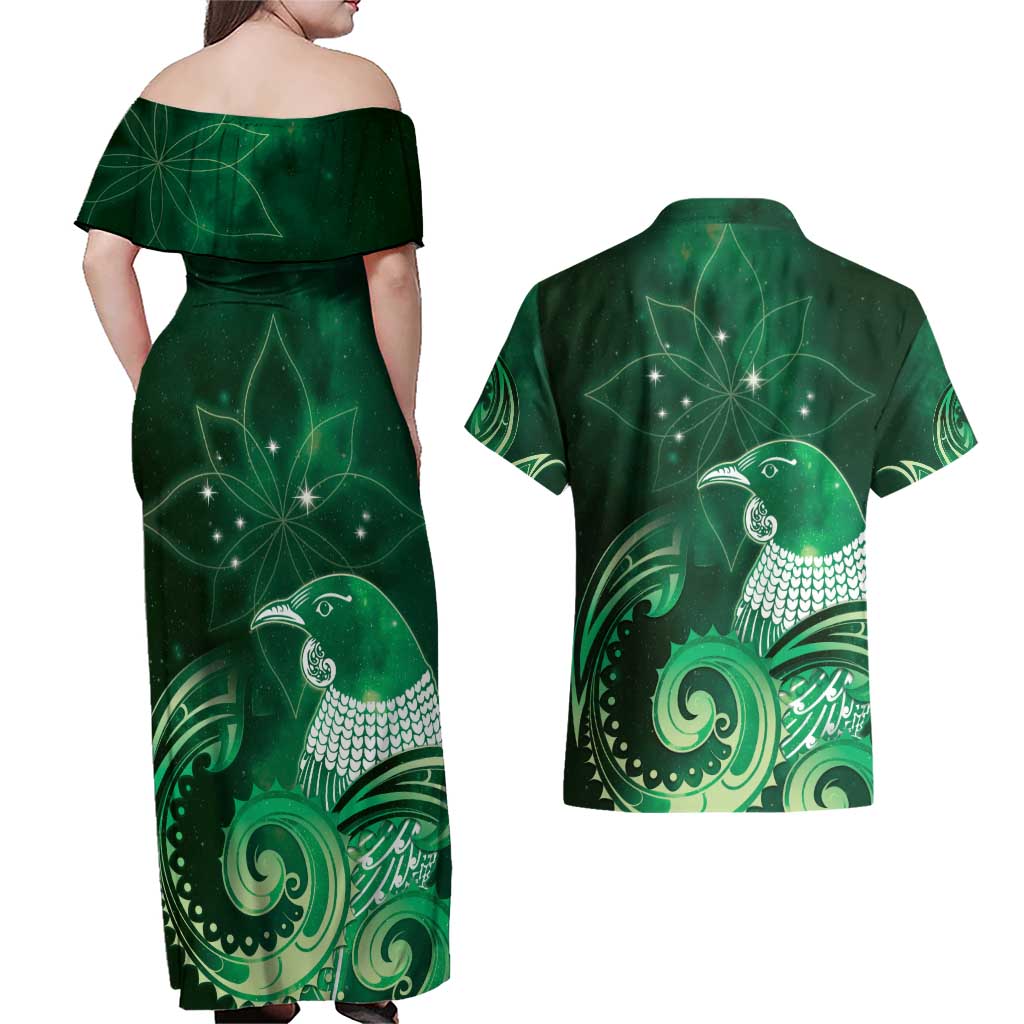 New Zealand Matariki Couples Matching Off Shoulder Maxi Dress and Hawaiian Shirt Maori Tui Bird Green Galaxy