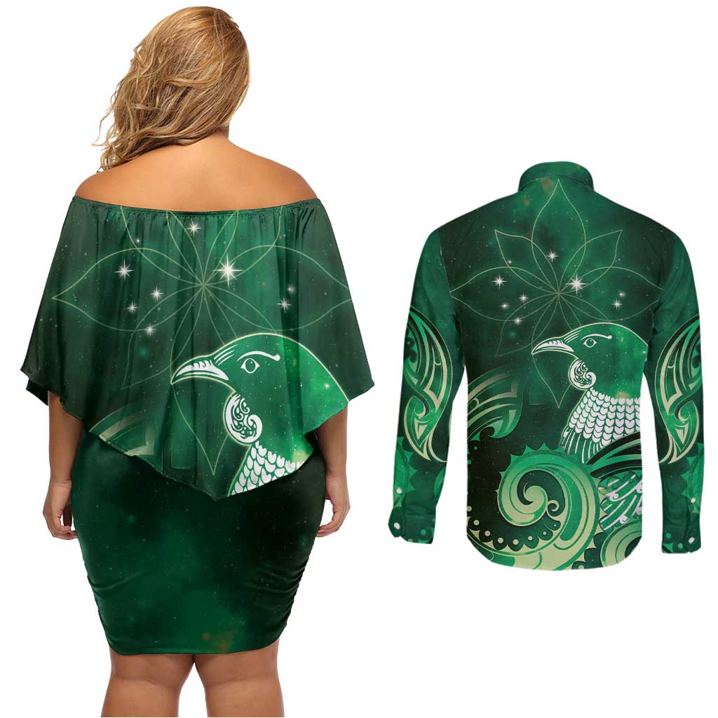 New Zealand Matariki Couples Matching Off Shoulder Short Dress and Long Sleeve Button Shirt Maori Tui Bird Green Galaxy