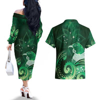 New Zealand Matariki Couples Matching Off The Shoulder Long Sleeve Dress and Hawaiian Shirt Maori Tui Bird Green Galaxy