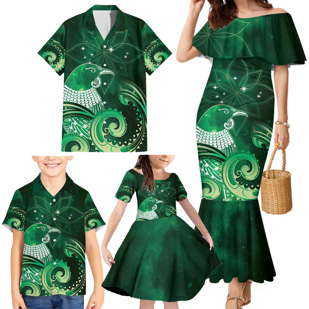 New Zealand Matariki Family Matching Mermaid Dress and Hawaiian Shirt Maori Tui Bird Green Galaxy