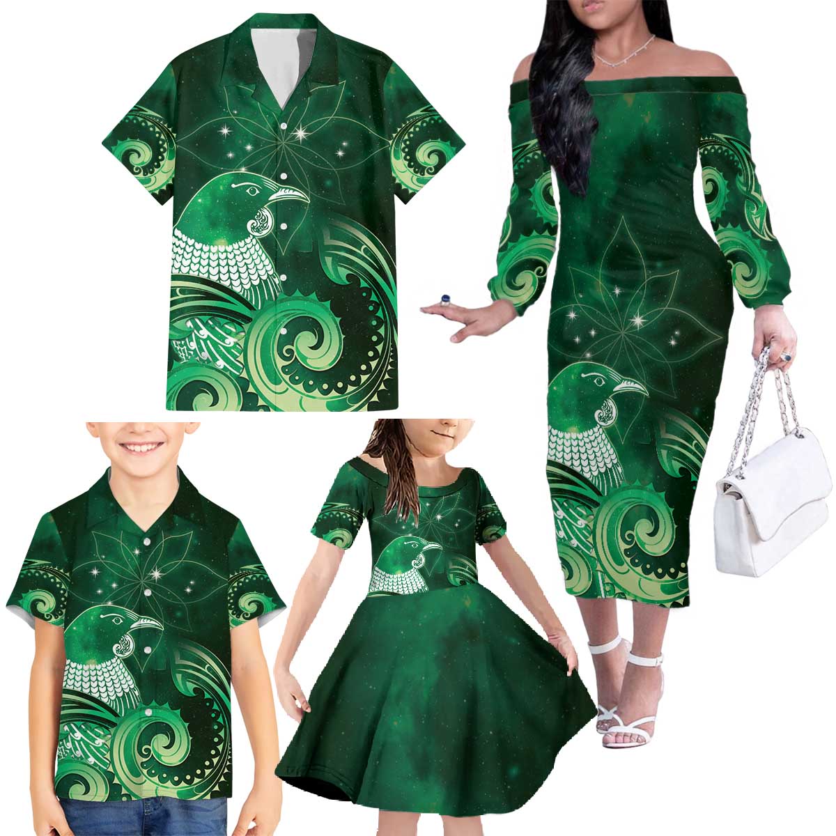 New Zealand Matariki Family Matching Off The Shoulder Long Sleeve Dress and Hawaiian Shirt Maori Tui Bird Green Galaxy