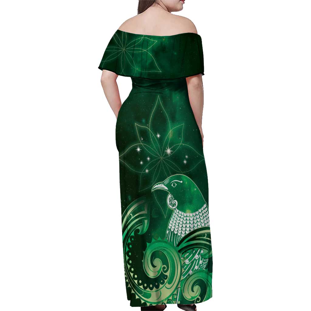 New Zealand Matariki Family Matching Off Shoulder Maxi Dress and Hawaiian Shirt Maori Tui Bird Green Galaxy