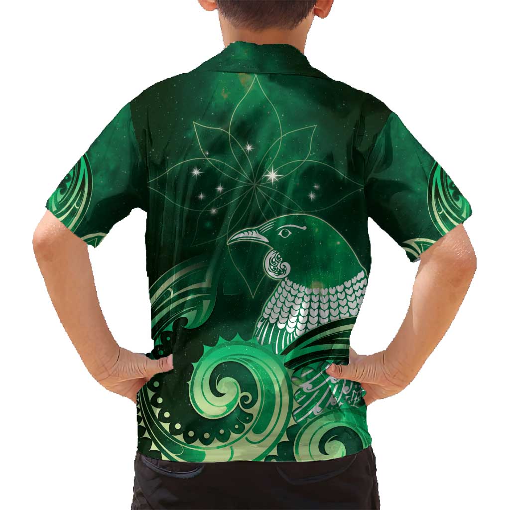 New Zealand Matariki Family Matching Off Shoulder Short Dress and Hawaiian Shirt Maori Tui Bird Green Galaxy