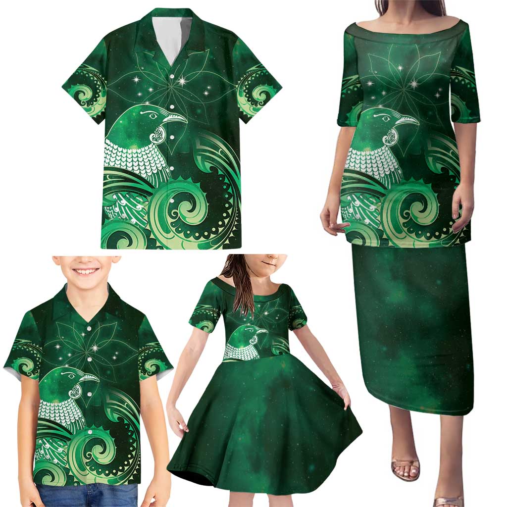 New Zealand Matariki Family Matching Puletasi and Hawaiian Shirt Maori Tui Bird Green Galaxy
