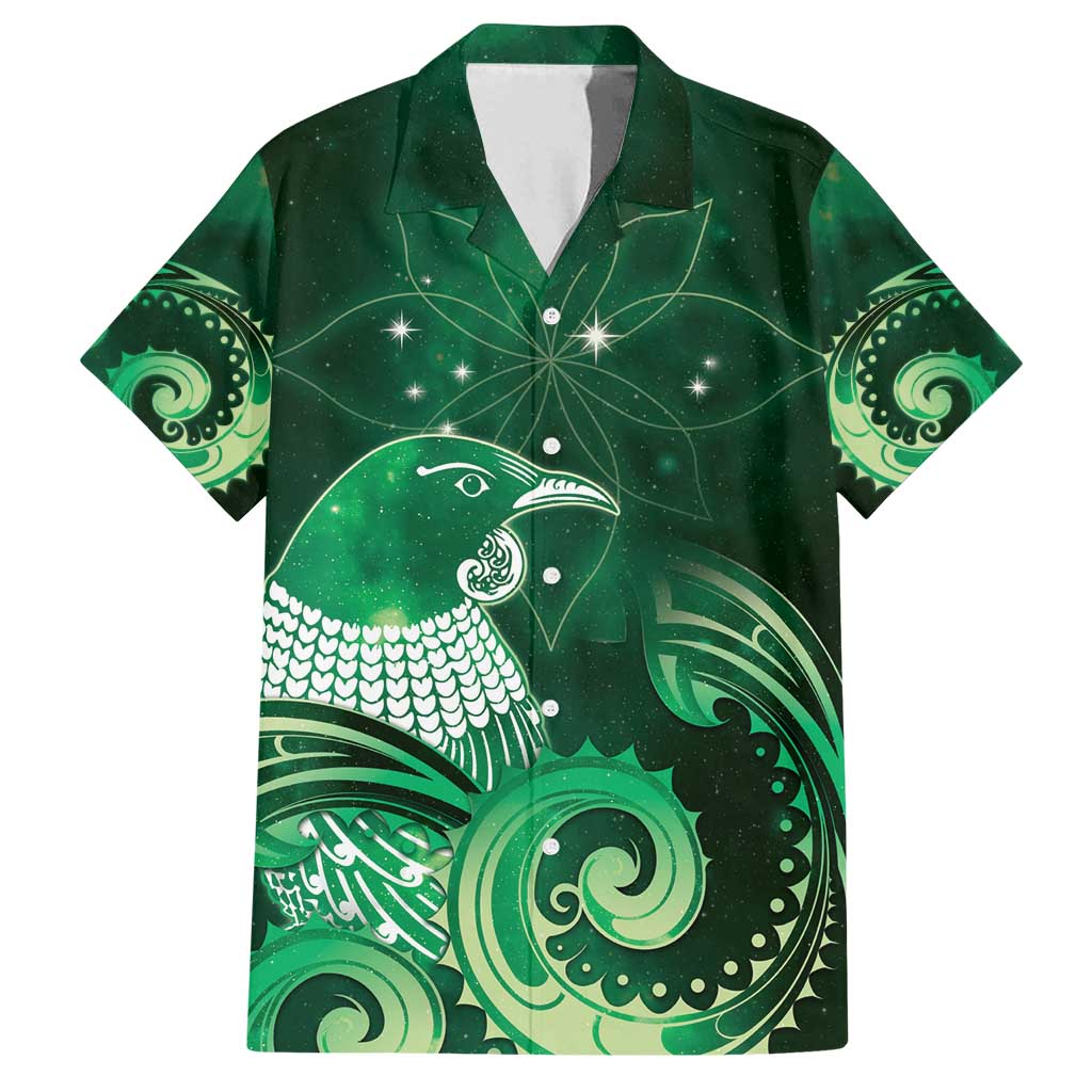 New Zealand Matariki Family Matching Puletasi and Hawaiian Shirt Maori Tui Bird Green Galaxy