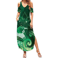 New Zealand Matariki Family Matching Summer Maxi Dress and Hawaiian Shirt Maori Tui Bird Green Galaxy