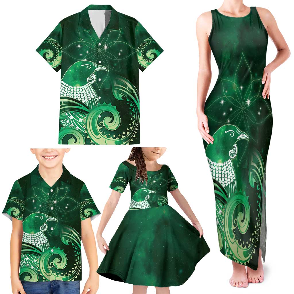 New Zealand Matariki Family Matching Tank Maxi Dress and Hawaiian Shirt Maori Tui Bird Green Galaxy