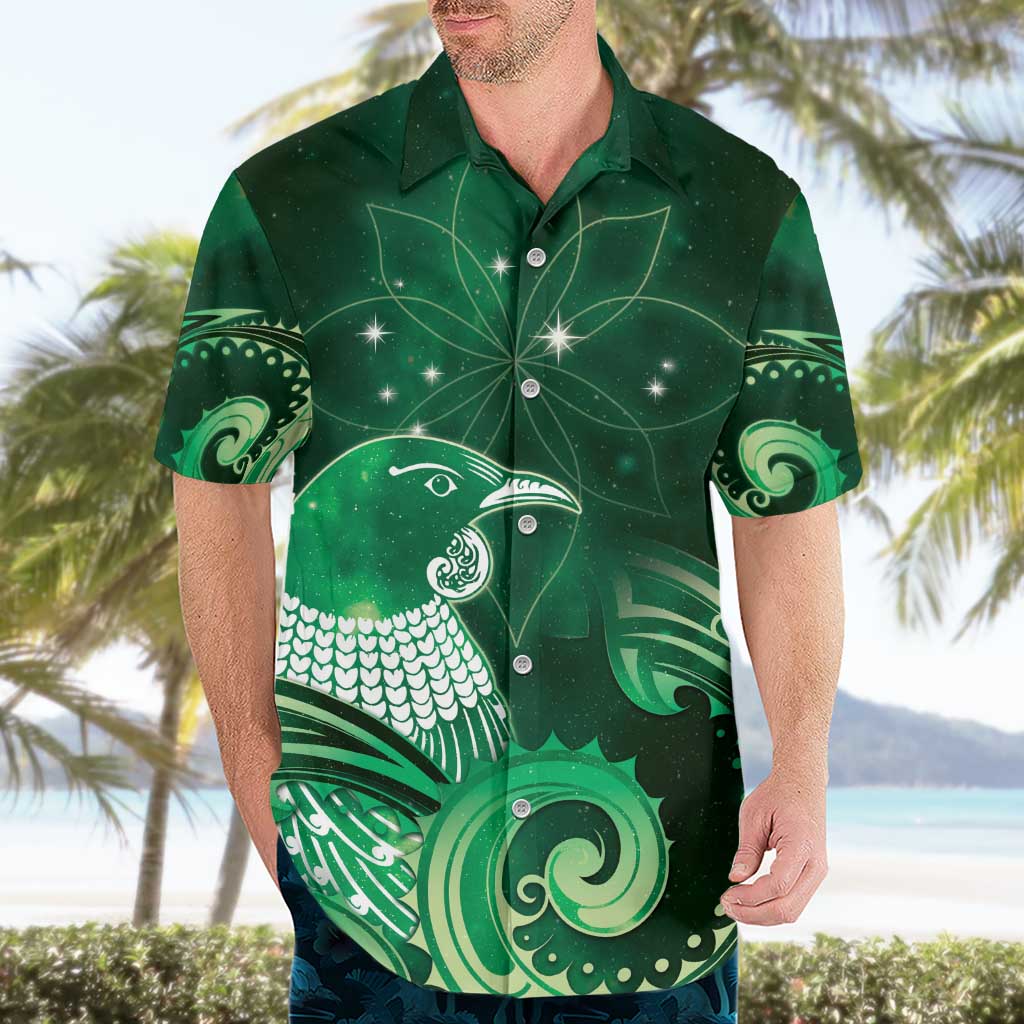 New Zealand Matariki Hawaiian Shirt Maori Tui Bird Green Galaxy