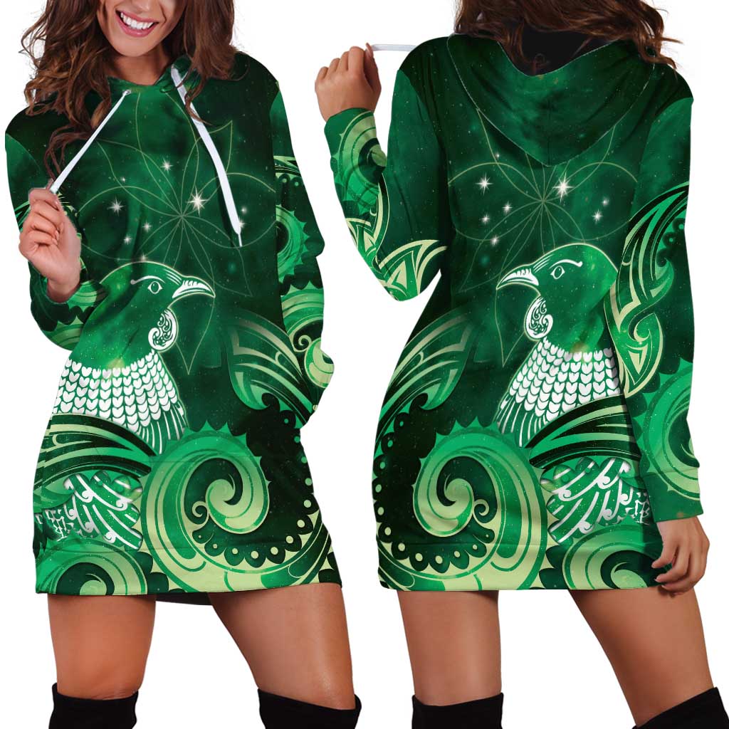 New Zealand Matariki Hoodie Dress Maori Tui Bird Green Galaxy