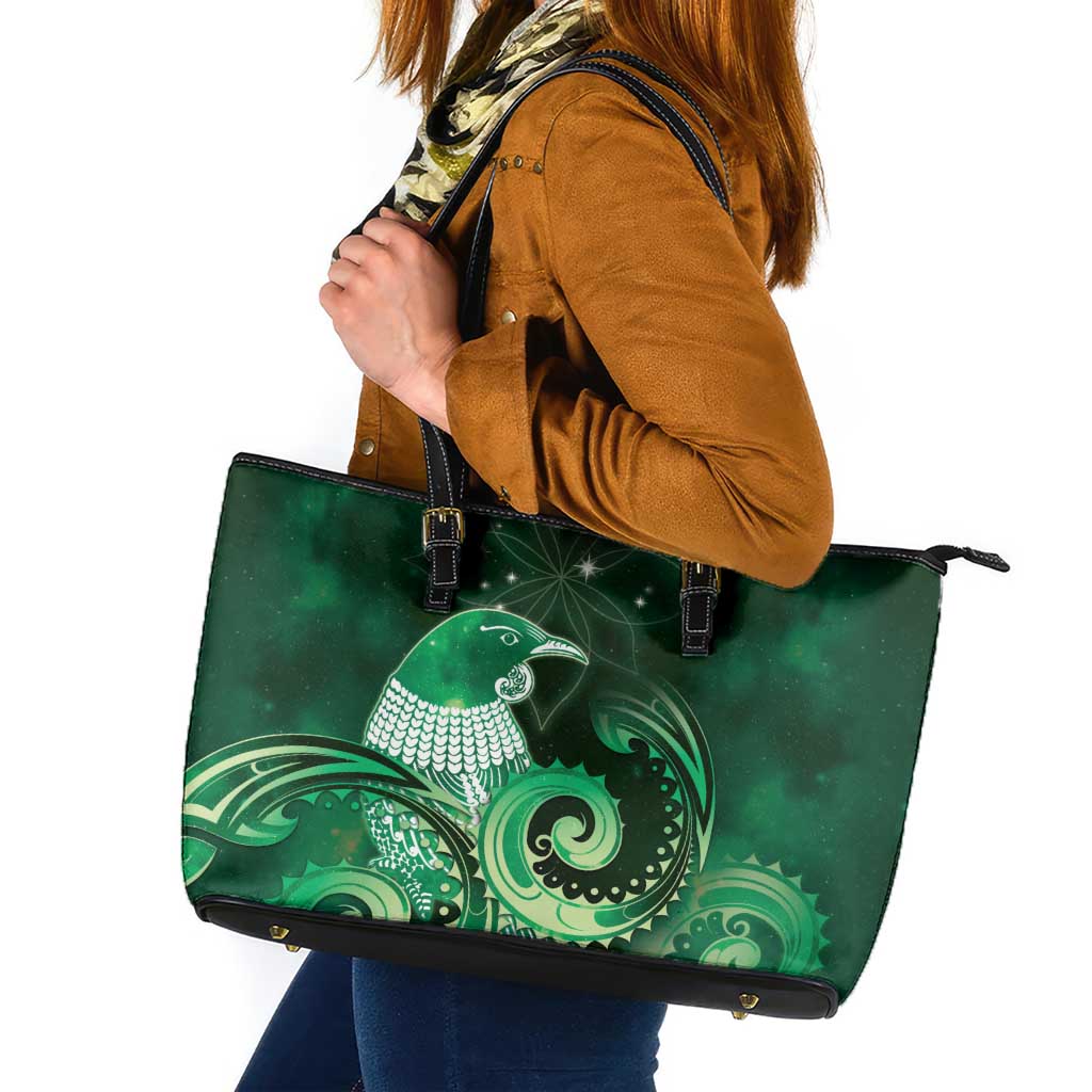 New Zealand Matariki Leather Tote Bag Maori Tui Bird Green Galaxy
