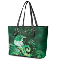 New Zealand Matariki Leather Tote Bag Maori Tui Bird Green Galaxy