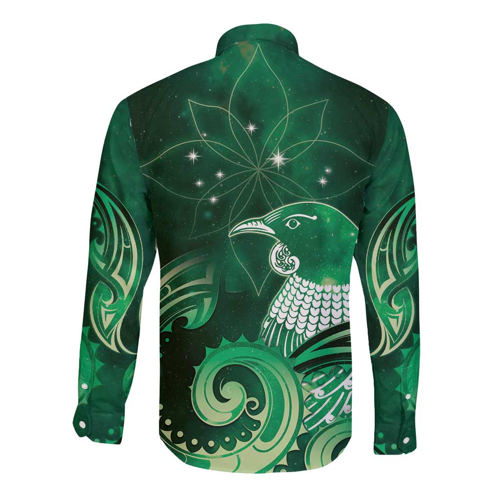 New Zealand Matariki Long Sleeve Button Shirt Maori Tui Bird Green Galaxy