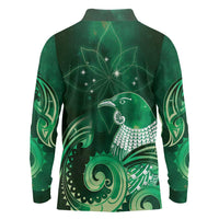 New Zealand Matariki Long Sleeve Polo Shirt Maori Tui Bird Green Galaxy