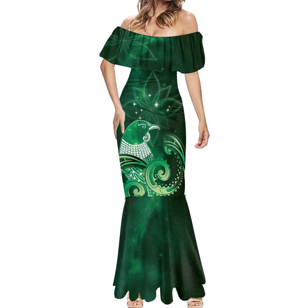 New Zealand Matariki Mermaid Dress Maori Tui Bird Green Galaxy