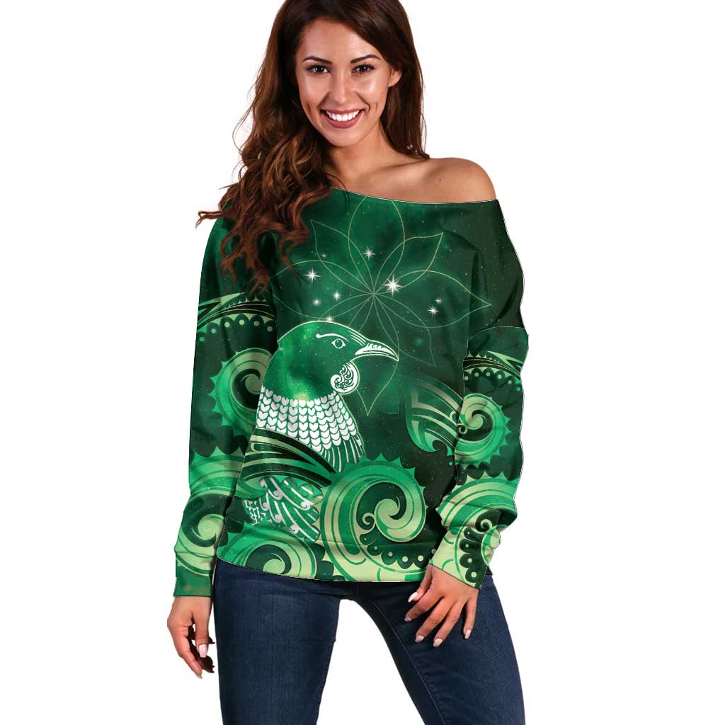 New Zealand Matariki Off Shoulder Sweater Maori Tui Bird Green Galaxy