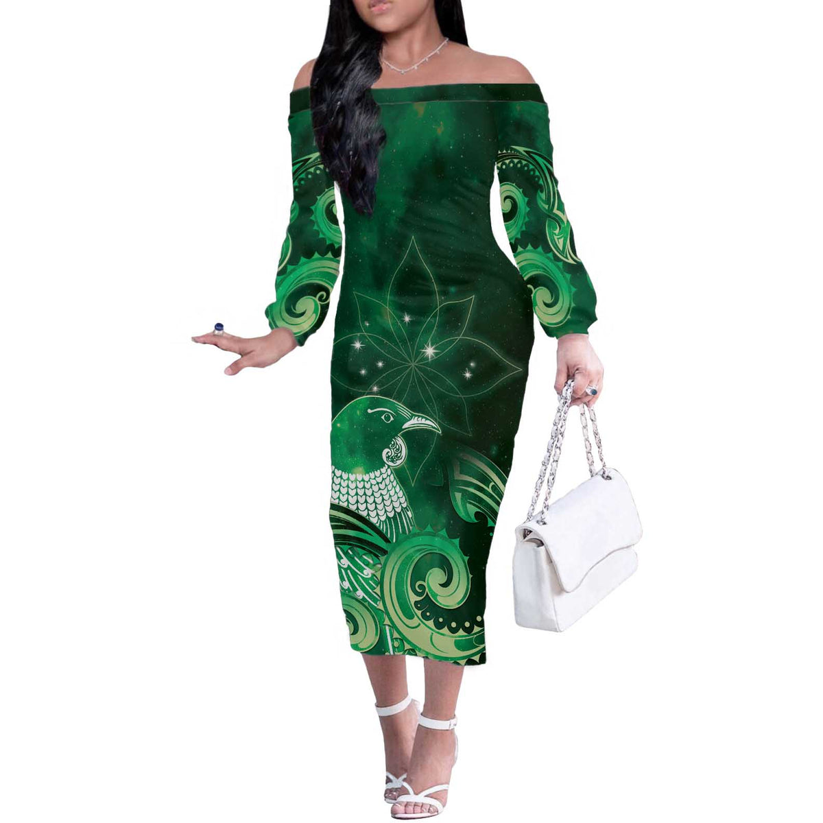 New Zealand Matariki Off The Shoulder Long Sleeve Dress Maori Tui Bird Green Galaxy