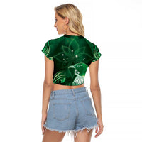 New Zealand Matariki Raglan Cropped T Shirt Maori Tui Bird Green Galaxy